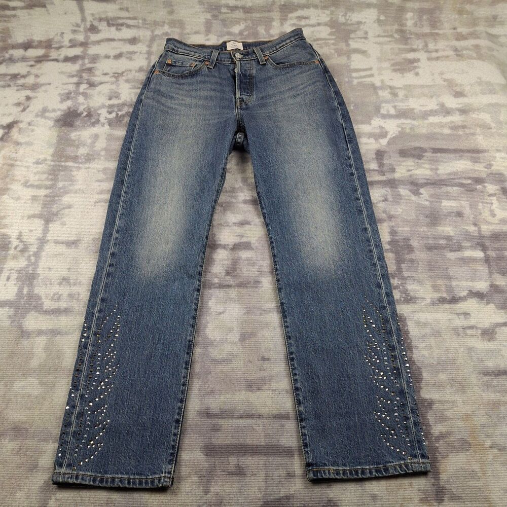Levis 501 Curve Solargenic Jeans 28x30 Rhinestone Crystal Embellished Hem...